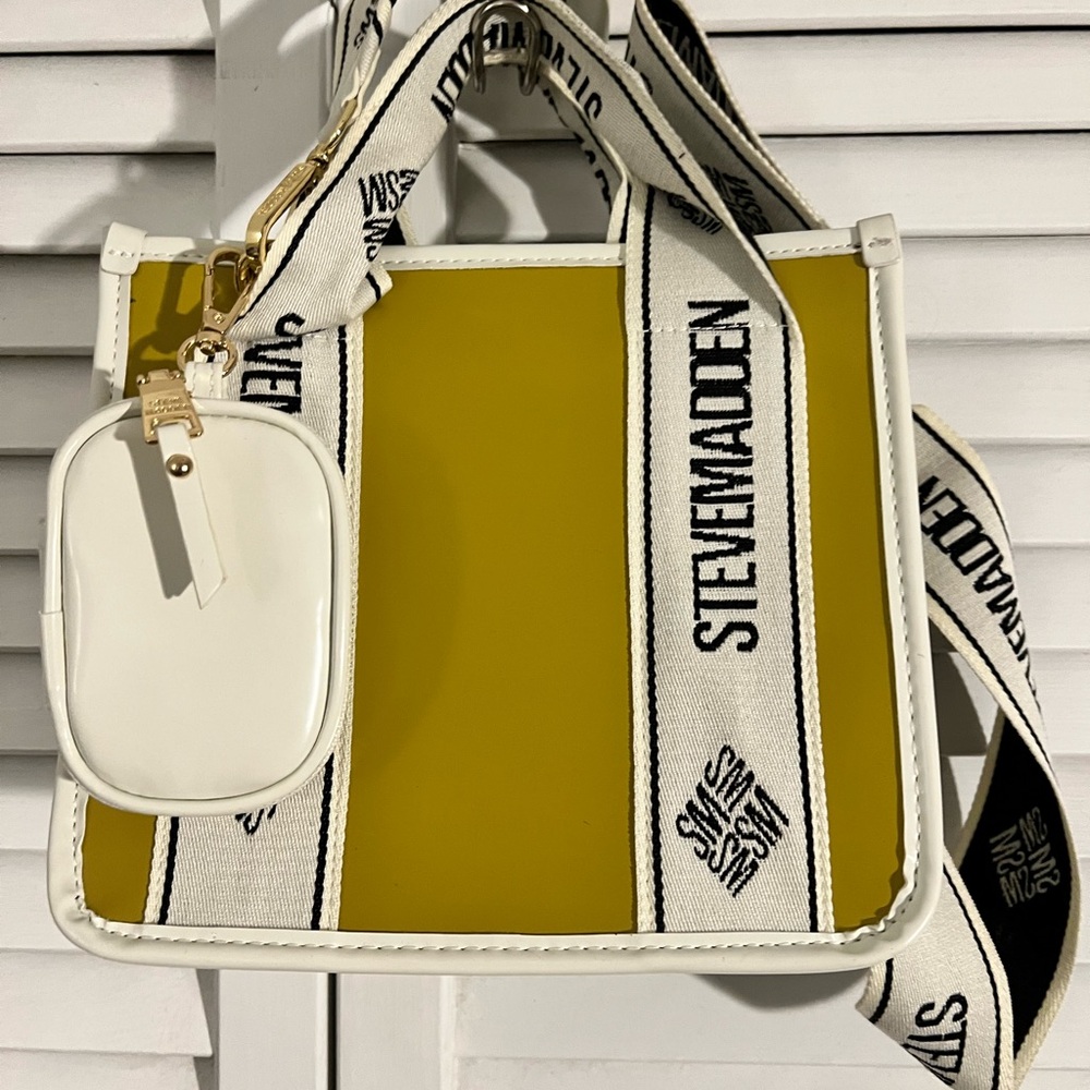 Steve Madden Bwebber convertible tote bag in merigold patent faux leather